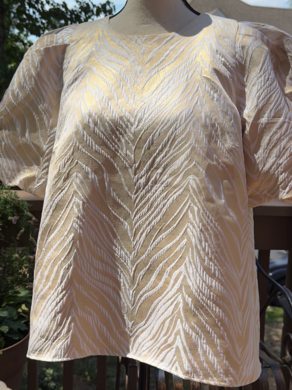 Lilly Pulitzer Pratt Blouse Top XL Gold Metallic Tiger Zebra Puff Sleeve $168